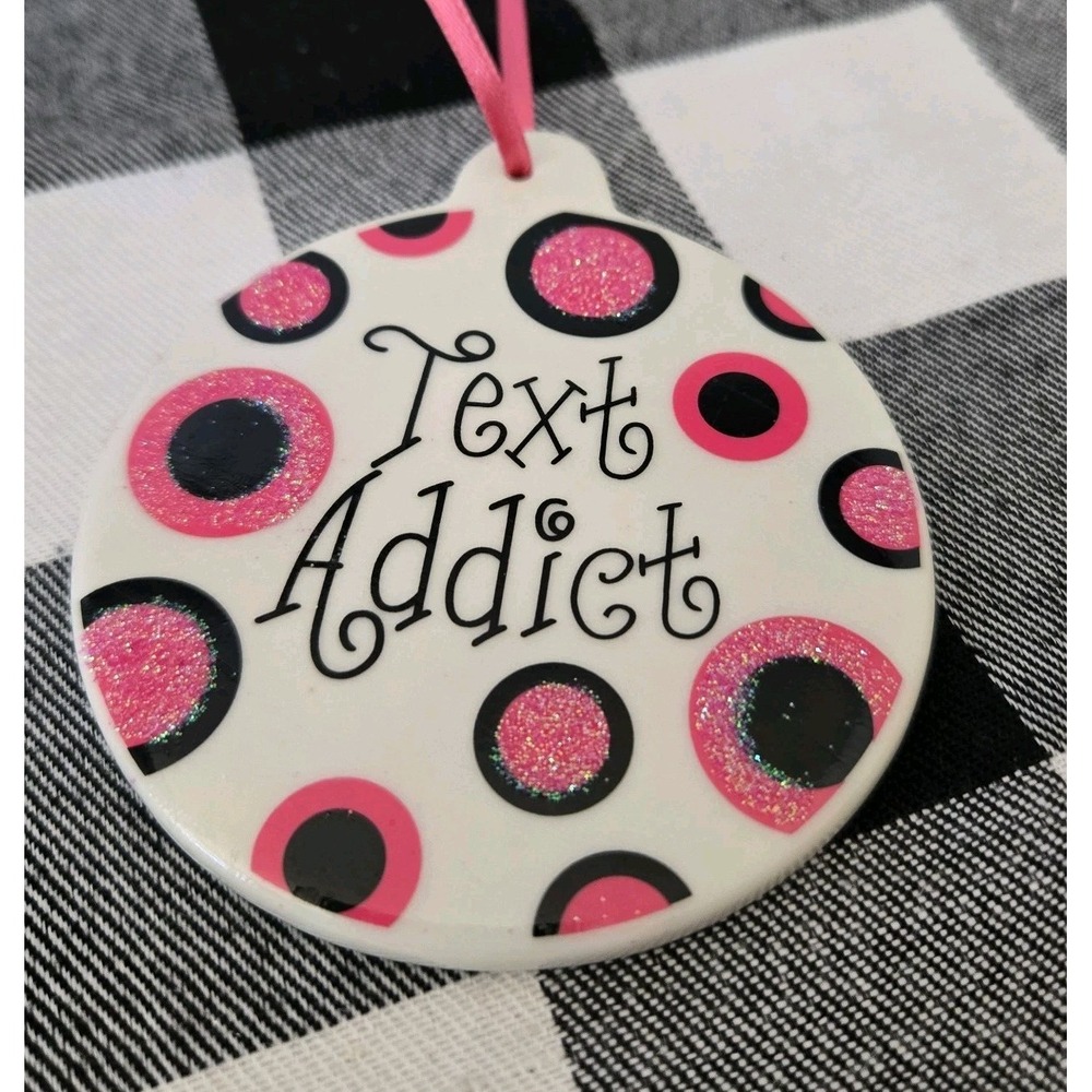 Text Addict Fun Wimsical Christmas Ornament Gift Pink Black Circles Glitter